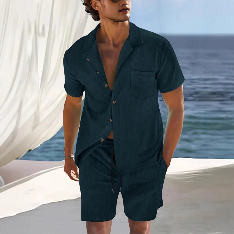 Men's Summer Thin Cuban Collar Short Sleeve Shirt Set with Shorts – Casual Sportswear