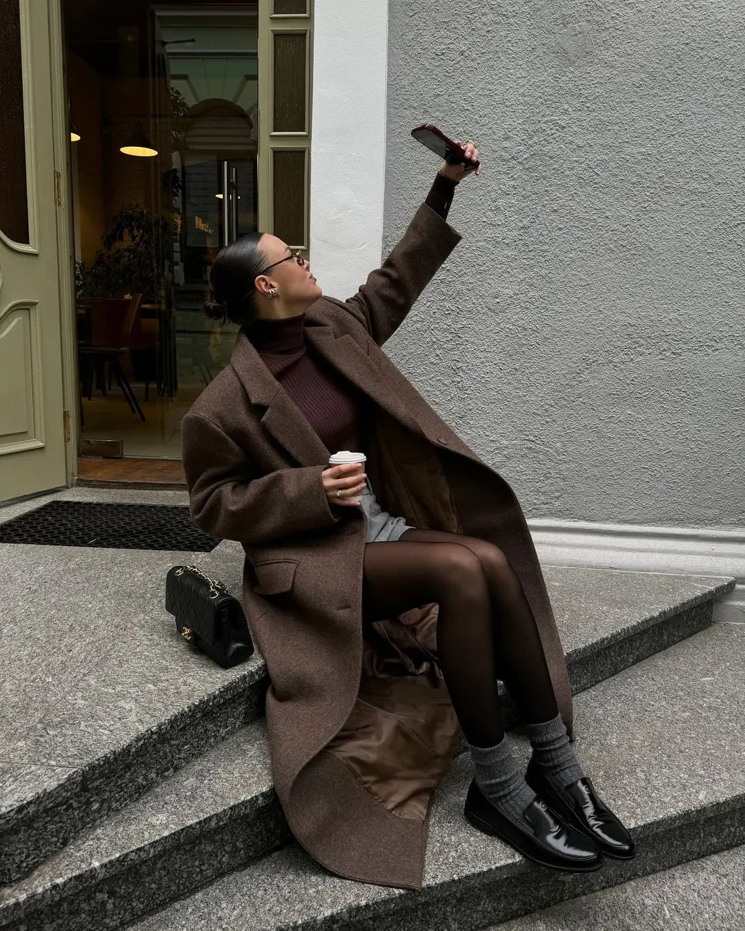 Brown Shoulder Pad Wool Blend Overcoat Women Elegant Lapel Single-breasted Long Sleeve Coat 2025 Autumn Lady Commuter Outerwear