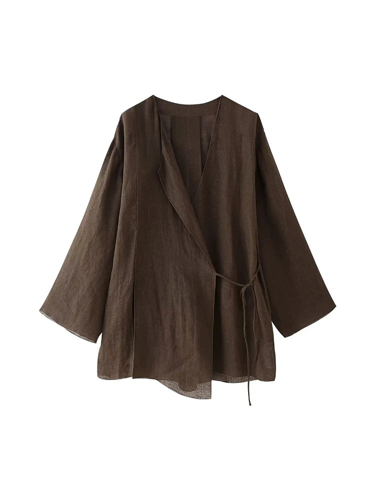 Wide Leg Pants Sets 2 Pieces Women Fashion Lace Up Kimono Tops Women's Suit Two Piece Set Spring Women Outfit