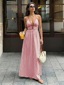 2026 Summer New Style Deep V-neck Striped Beach Dress, Sexy Backless Sleeveless Neckline Long Dress