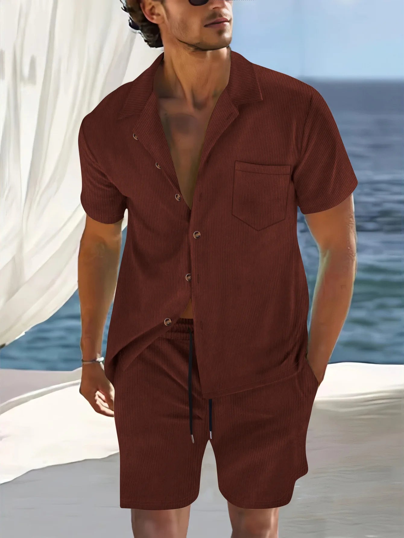 Men's Summer Thin Cuban Collar Short Sleeve Shirt Set with Shorts – Casual Sportswear