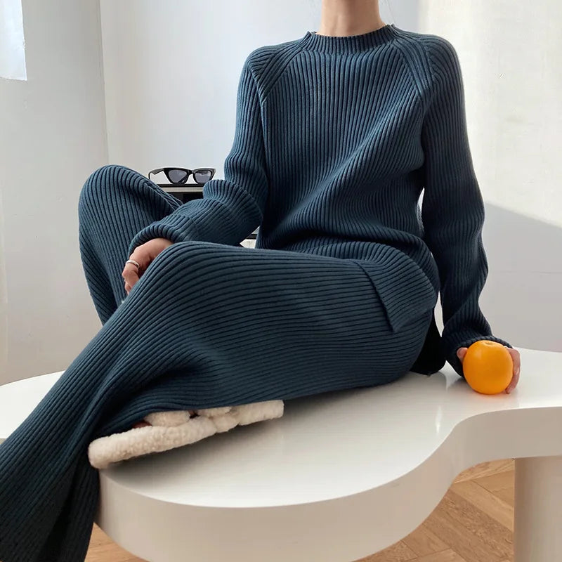 Version Of Fashion Casual Retro Winter Clothing New Warm Open Sweater Set Knit Wide Leg Pants Lazy Two-Piece Women's Suit Z290