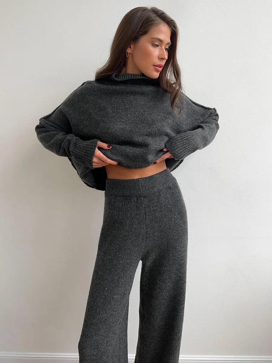 Women's Autumn and Winter New Fashion Relaxed Leisure Lazy Thick Knit Two-piece Set High Collar Slit Sweater + Long Pants Suit
