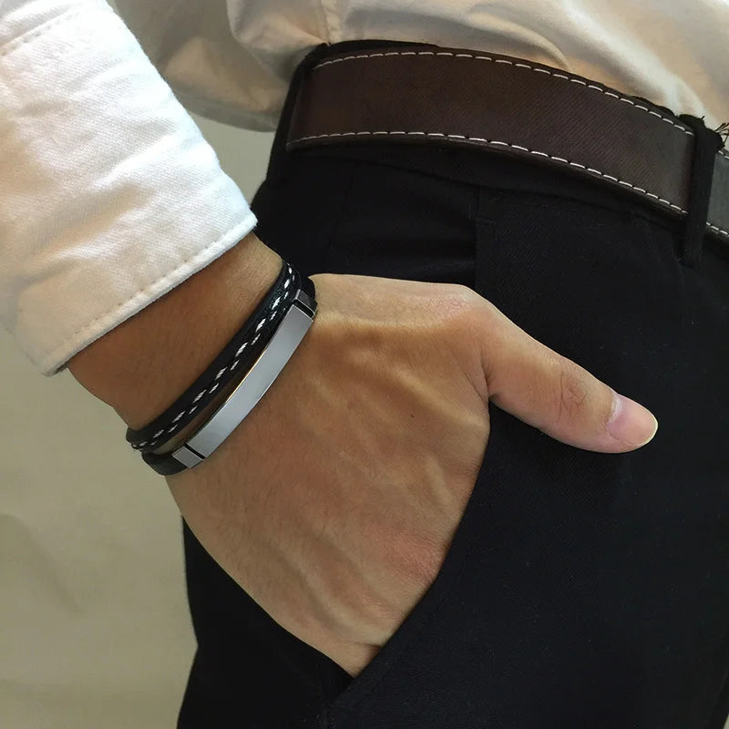 Men’s Genuine Leather Bracelet with Stainless Steel Details