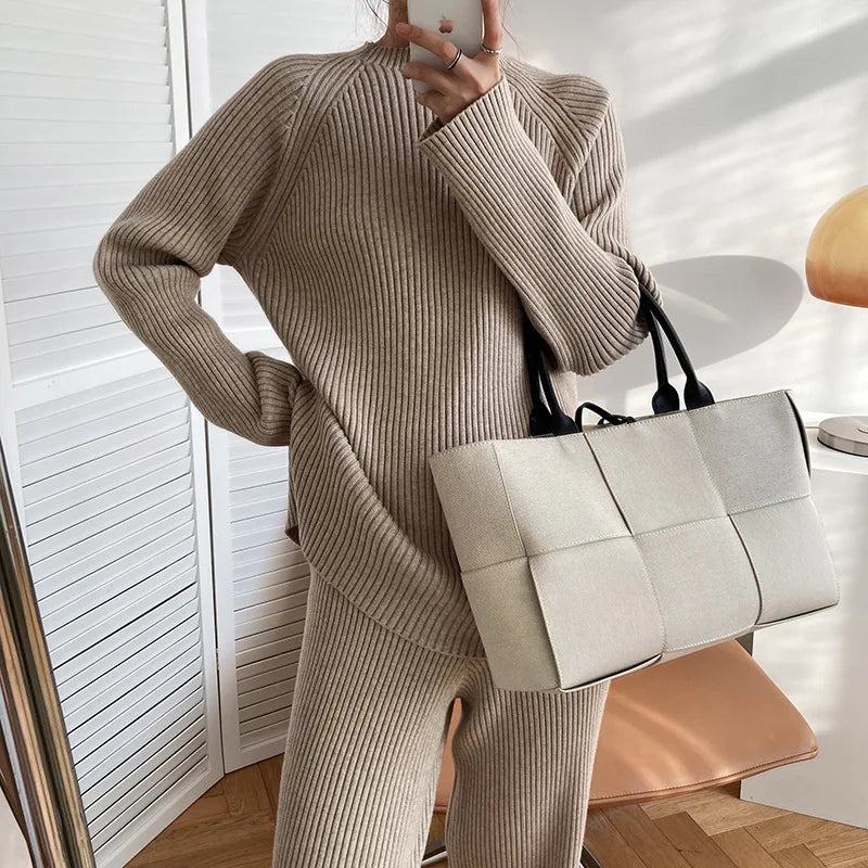 Version Of Fashion Casual Retro Winter Clothing New Warm Open Sweater Set Knit Wide Leg Pants Lazy Two-Piece Women's Suit Z290
