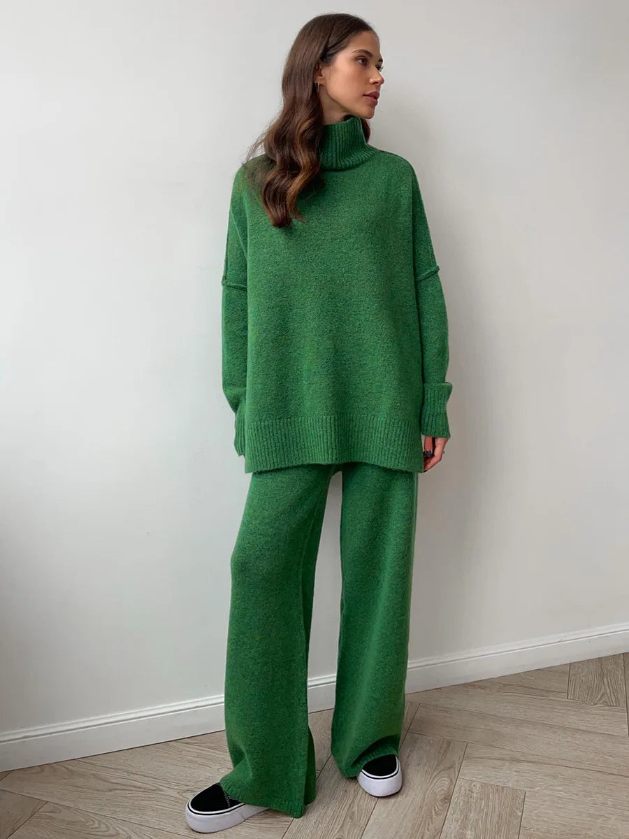 Women's Autumn and Winter New Fashion Relaxed Leisure Lazy Thick Knit Two-piece Set High Collar Slit Sweater + Long Pants Suit