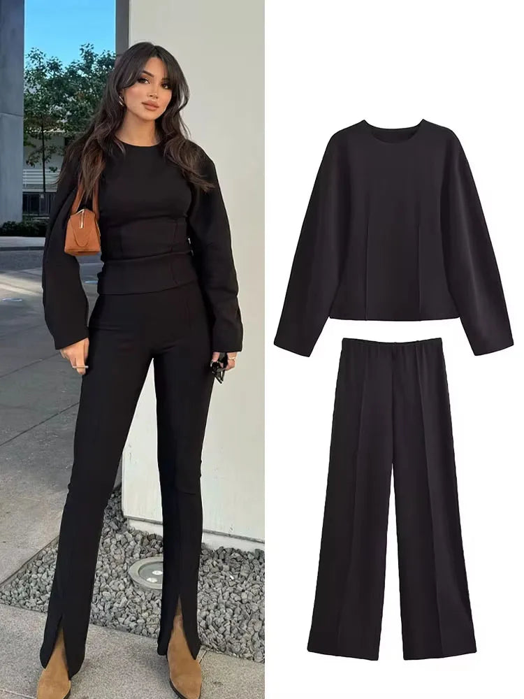 HH Women's 2-Piece Set Fashion Slimming Double-Sided Fabric Round Neck Long-Sleeve Top+Elegant Stretch Casual Wide Leg Pants