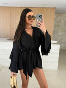 Vestido elegante para mulher com pregas, castanho, decote em V profundo, mangas compridas, modelo curto, moda feminina primavera/verão 2025, largo e elegante.