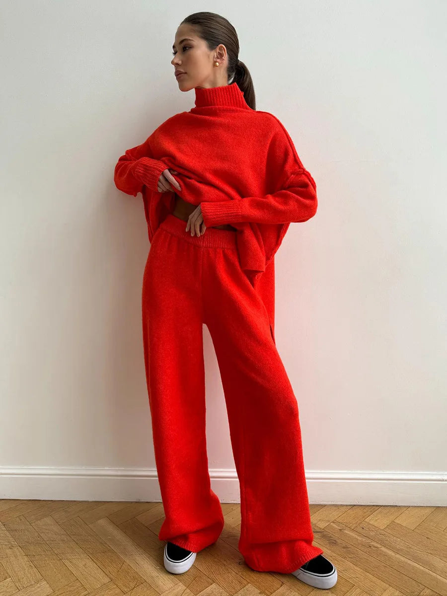 Women's Autumn and Winter New Fashion Relaxed Leisure Lazy Thick Knit Two-piece Set High Collar Slit Sweater + Long Pants Suit