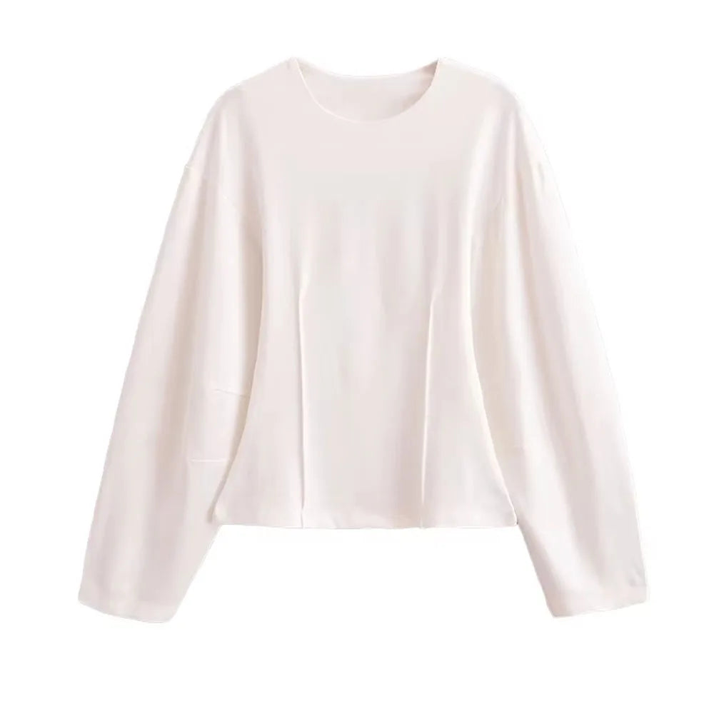 HH Women's 2-Piece Set Fashion Slimming Double-Sided Fabric Round Neck Long-Sleeve Top+Elegant Stretch Casual Wide Leg Pants