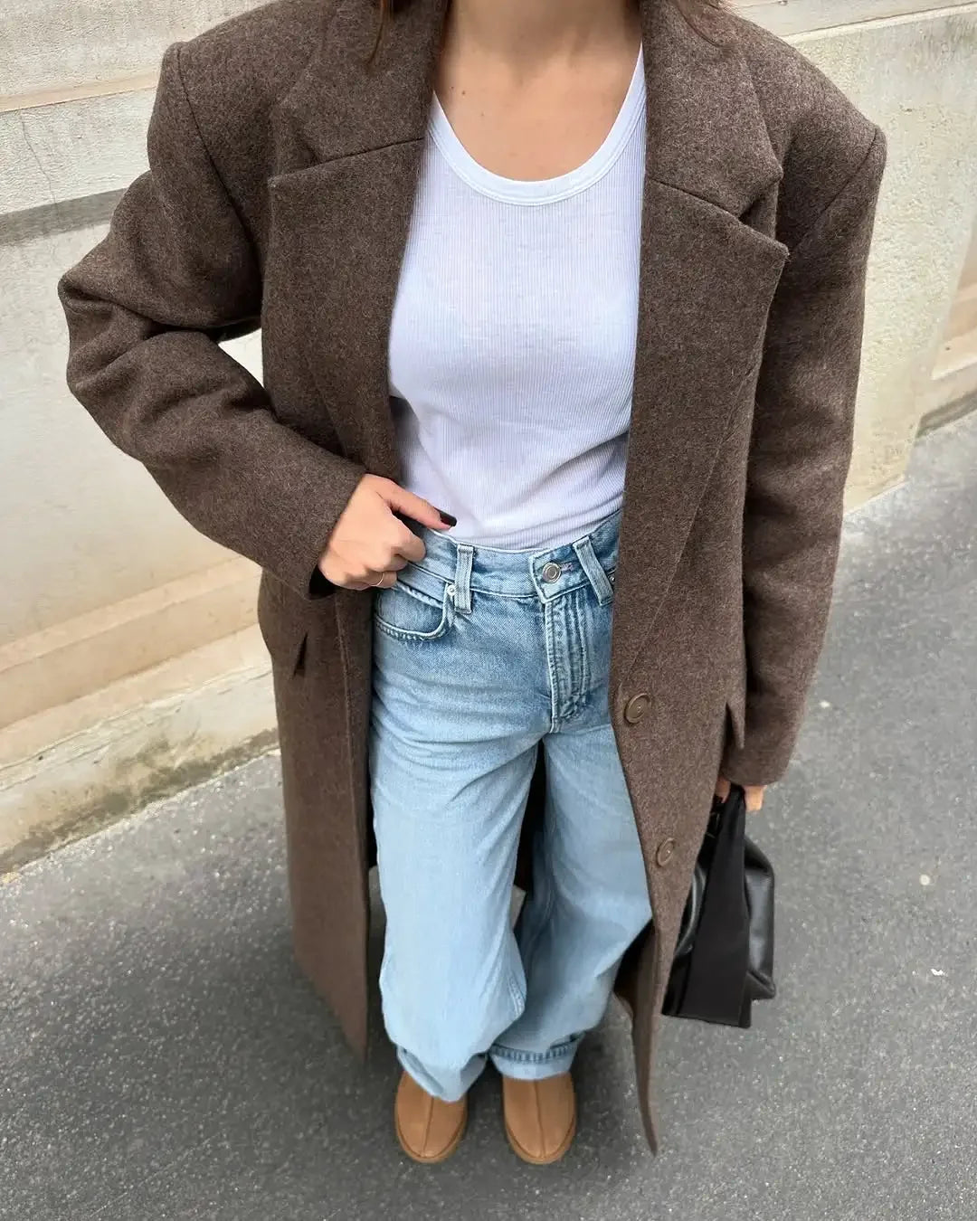 Brown Shoulder Pad Wool Blend Overcoat Women Elegant Lapel Single-breasted Long Sleeve Coat 2025 Autumn Lady Commuter Outerwear