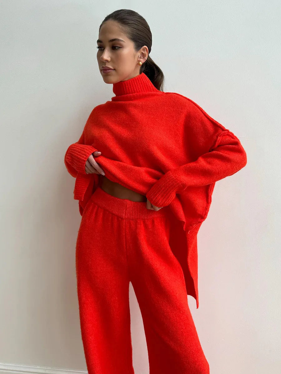 Women's Autumn and Winter New Fashion Relaxed Leisure Lazy Thick Knit Two-piece Set High Collar Slit Sweater + Long Pants Suit