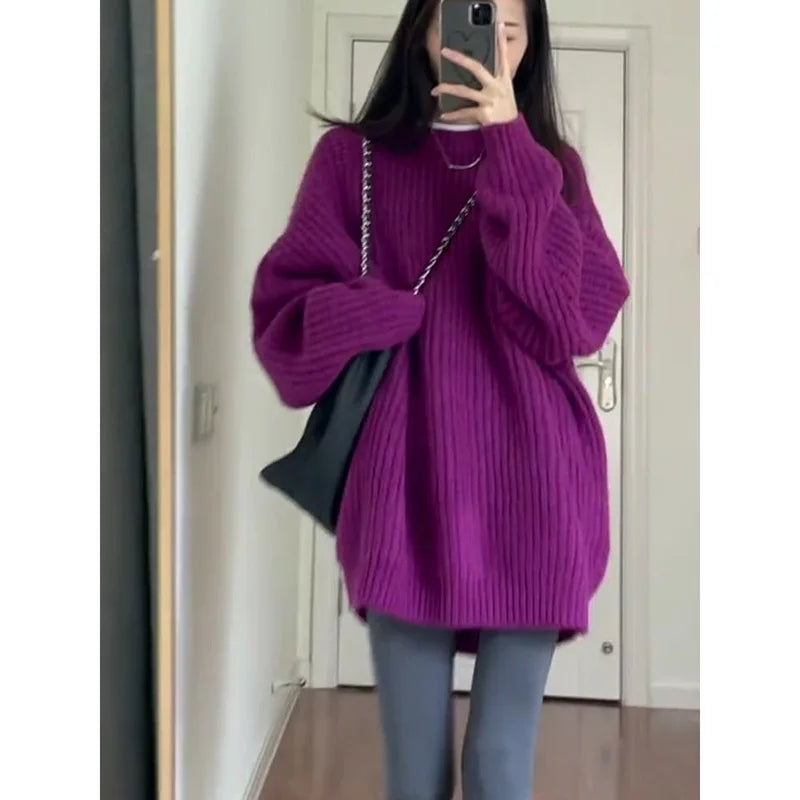 Stylish O-Neck Solid Color Knitted Loose Korean Sweaters Women's Clothing 2022 Autumn New Casual Pullovers All-match Warm Tops