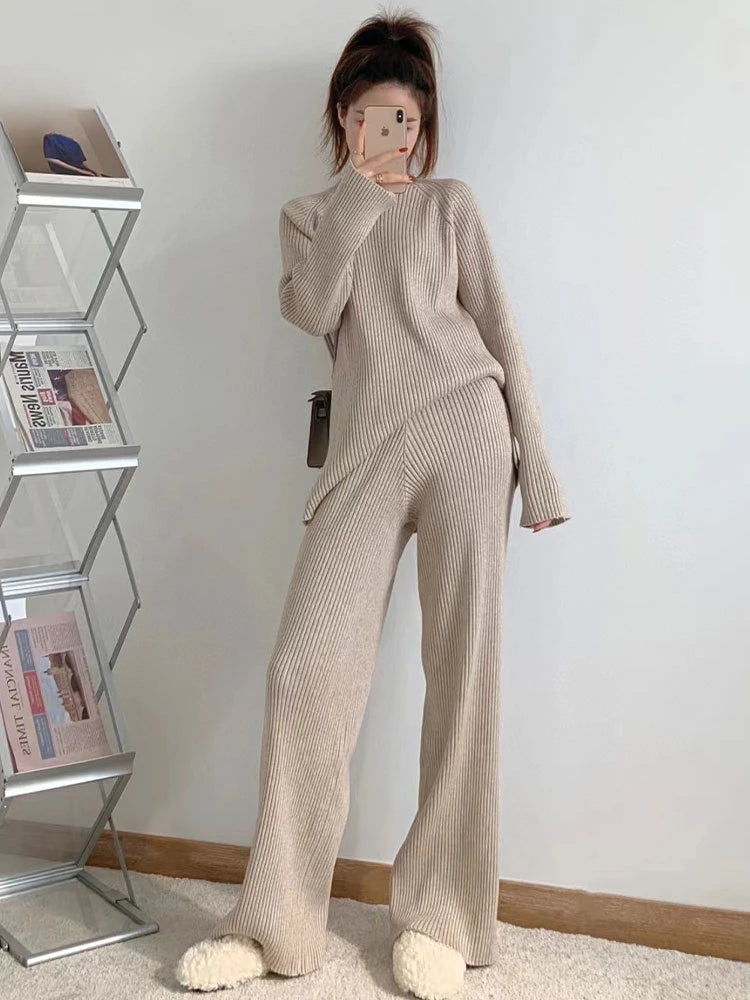 Version Of Fashion Casual Retro Winter Clothing New Warm Open Sweater Set Knit Wide Leg Pants Lazy Two-Piece Women's Suit Z290