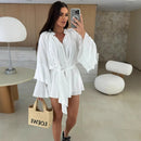 Vestido elegante para mulher com pregas, castanho, decote em V profundo, mangas compridas, modelo curto, moda feminina primavera/verão 2025, largo e elegante.
