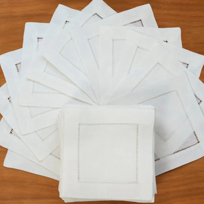 6pcs Elegant White Linen Hemstitch Napkins – European Style Table Decor at an Affordable Price