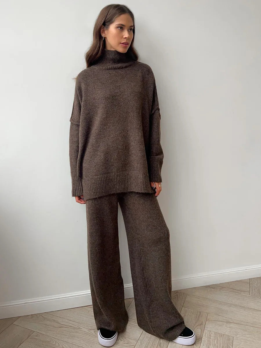 Women's Autumn and Winter New Fashion Relaxed Leisure Lazy Thick Knit Two-piece Set High Collar Slit Sweater + Long Pants Suit