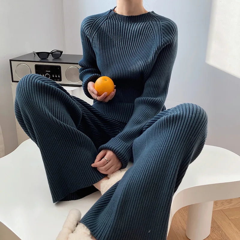 Version Of Fashion Casual Retro Winter Clothing New Warm Open Sweater Set Knit Wide Leg Pants Lazy Two-Piece Women's Suit Z290
