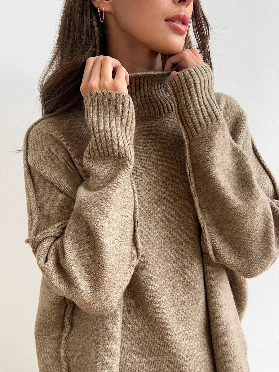 Women's Autumn and Winter New Fashion Relaxed Leisure Lazy Thick Knit Two-piece Set High Collar Slit Sweater + Long Pants Suit