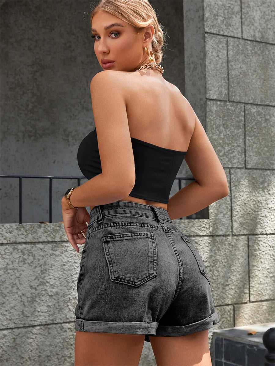 Zipper Fly Roll Up Hem Denim Shorts