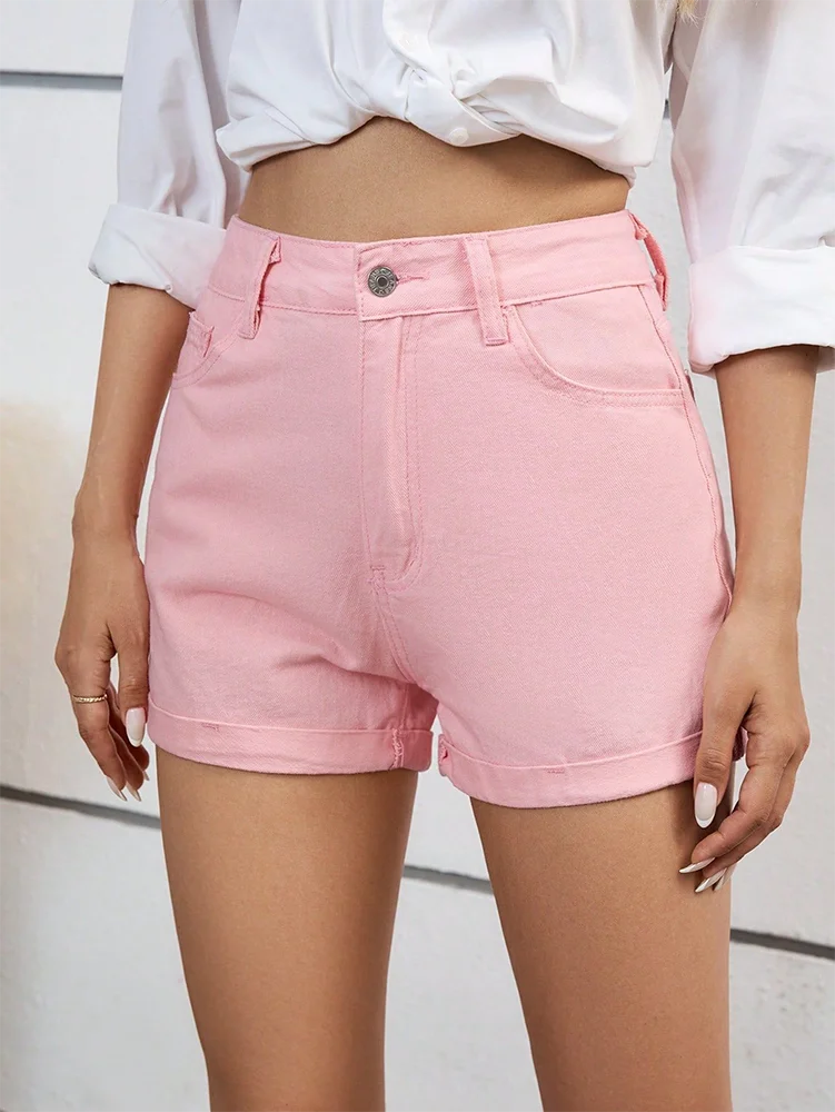 Zipper Fly Roll Up Hem Denim Shorts