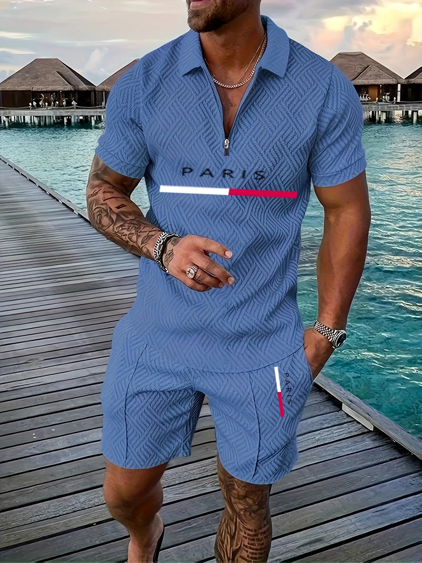 Luxury Men’s Casual Set with Short Sleeve Zip-Up Shirt