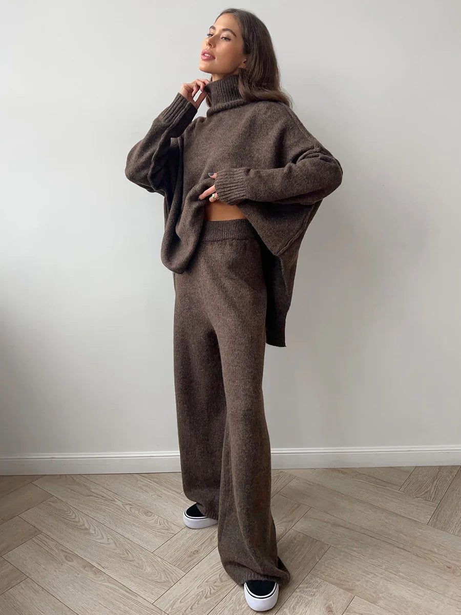 Women's Autumn and Winter New Fashion Relaxed Leisure Lazy Thick Knit Two-piece Set High Collar Slit Sweater + Long Pants Suit