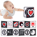 Livro de pano de alto contraste – Brinquedo sensorial a preto e branco para bebé (0–36 meses)