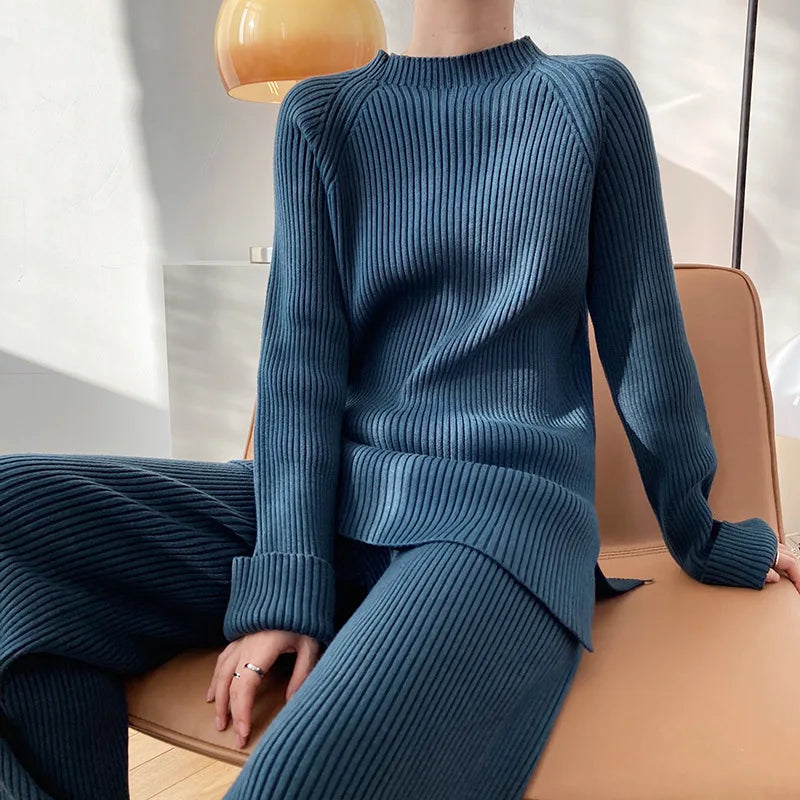 Version Of Fashion Casual Retro Winter Clothing New Warm Open Sweater Set Knit Wide Leg Pants Lazy Two-Piece Women's Suit Z290