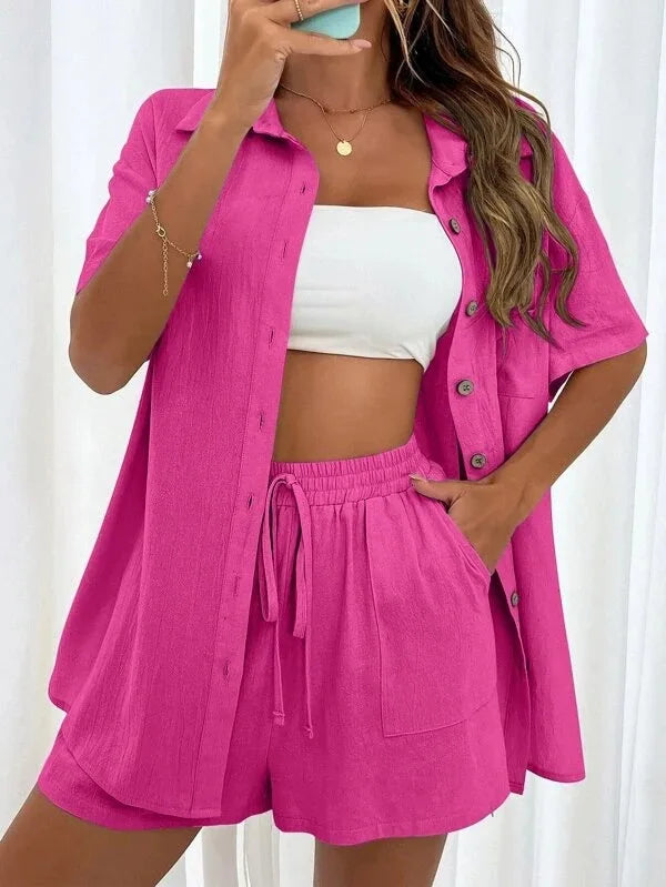 Women's Summer Chic Set – Long Sleeve Shirt + Wide-Leg Shorts
