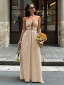 2026 Summer New Style Deep V-neck Striped Beach Dress, Sexy Backless Sleeveless Neckline Long Dress
