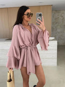 Vestido elegante para mulher com pregas, castanho, decote em V profundo, mangas compridas, modelo curto, moda feminina primavera/verão 2025, largo e elegante.