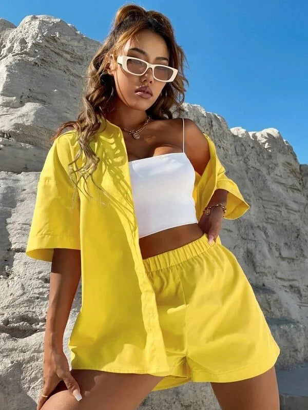 Women's Summer Chic Set – Long Sleeve Shirt + Wide-Leg Shorts