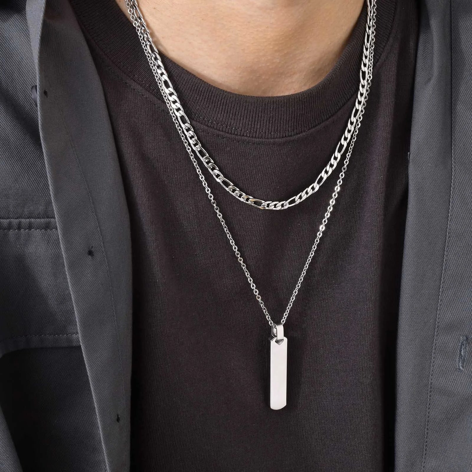 Men’s Necklace Set with Vertical Bar Pendant and Dual Stainless Steel Chains