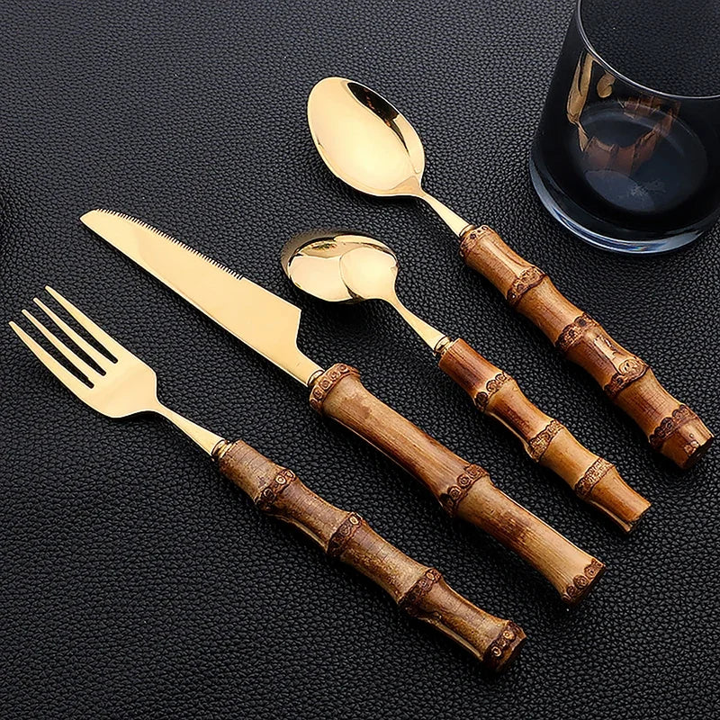 24-Piece Bamboo Handle Cutlery Set – Eco-Friendly Stainless Steel Dinnerware