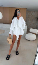 Vestido elegante para mulher com pregas, castanho, decote em V profundo, mangas compridas, modelo curto, moda feminina primavera/verão 2025, largo e elegante.