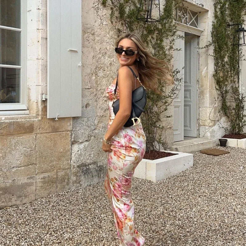 Floral Midi Dress with Spaghetti Straps and Side Slit – Summer 2025