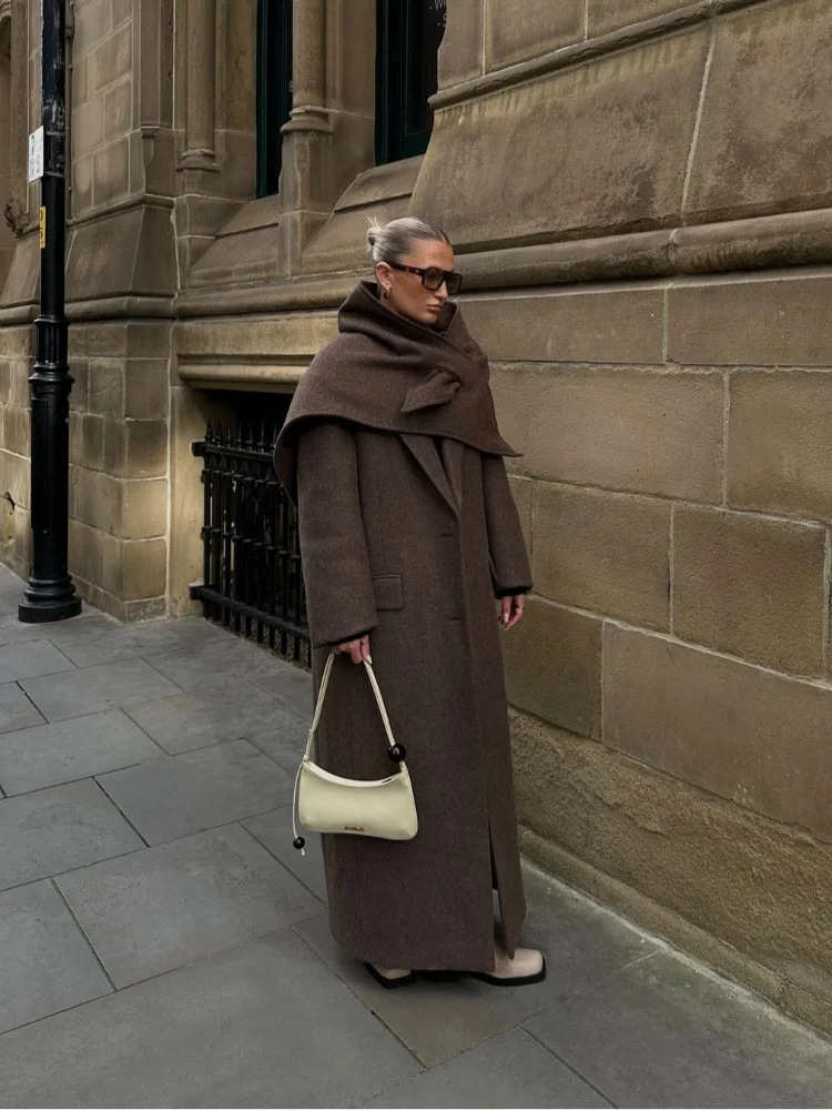 Brown Shoulder Pad Wool Blend Overcoat Women Elegant Lapel Single-breasted Long Sleeve Coat 2025 Autumn Lady Commuter Outerwear