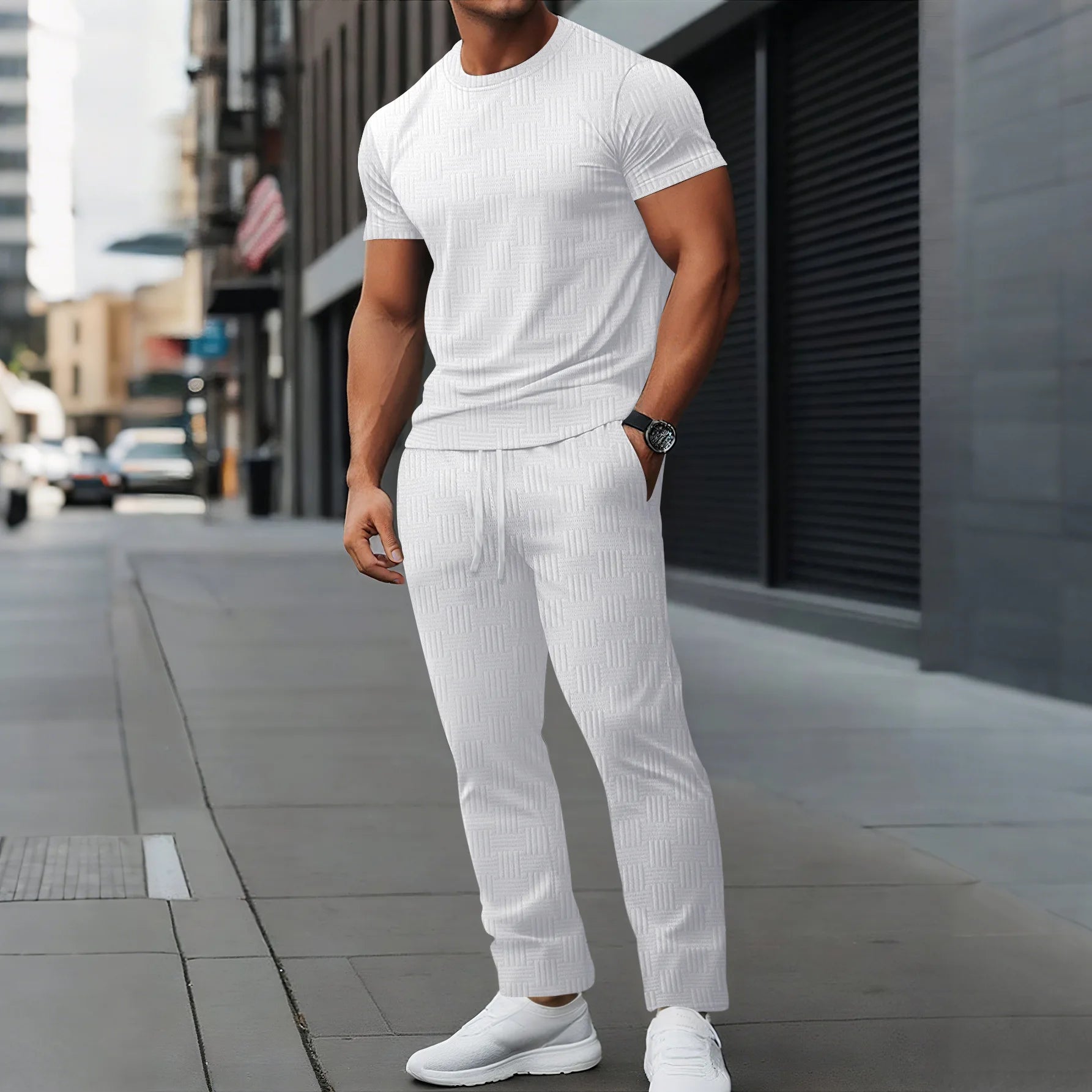 Men’s Casual Summer Set – Short Sleeve Jacquard T-Shirt with Comfortable Long Pants