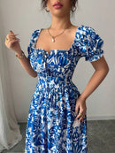 Elegant Women's Floral Print Bubble Sleeve Dress, Blue Long Dress, Front Tie Back Gathered Waist, Casual Vacation