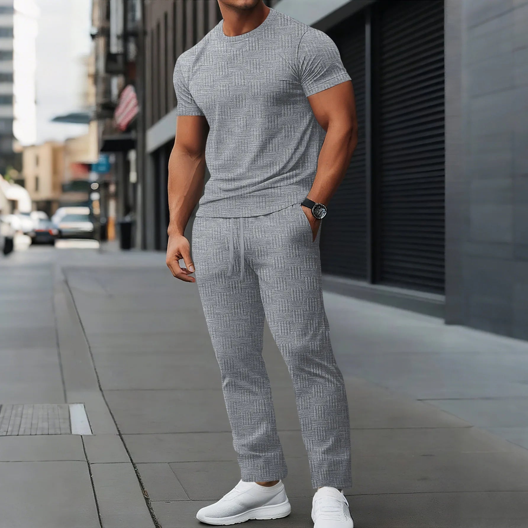Men’s Casual Summer Set – Short Sleeve Jacquard T-Shirt with Comfortable Long Pants