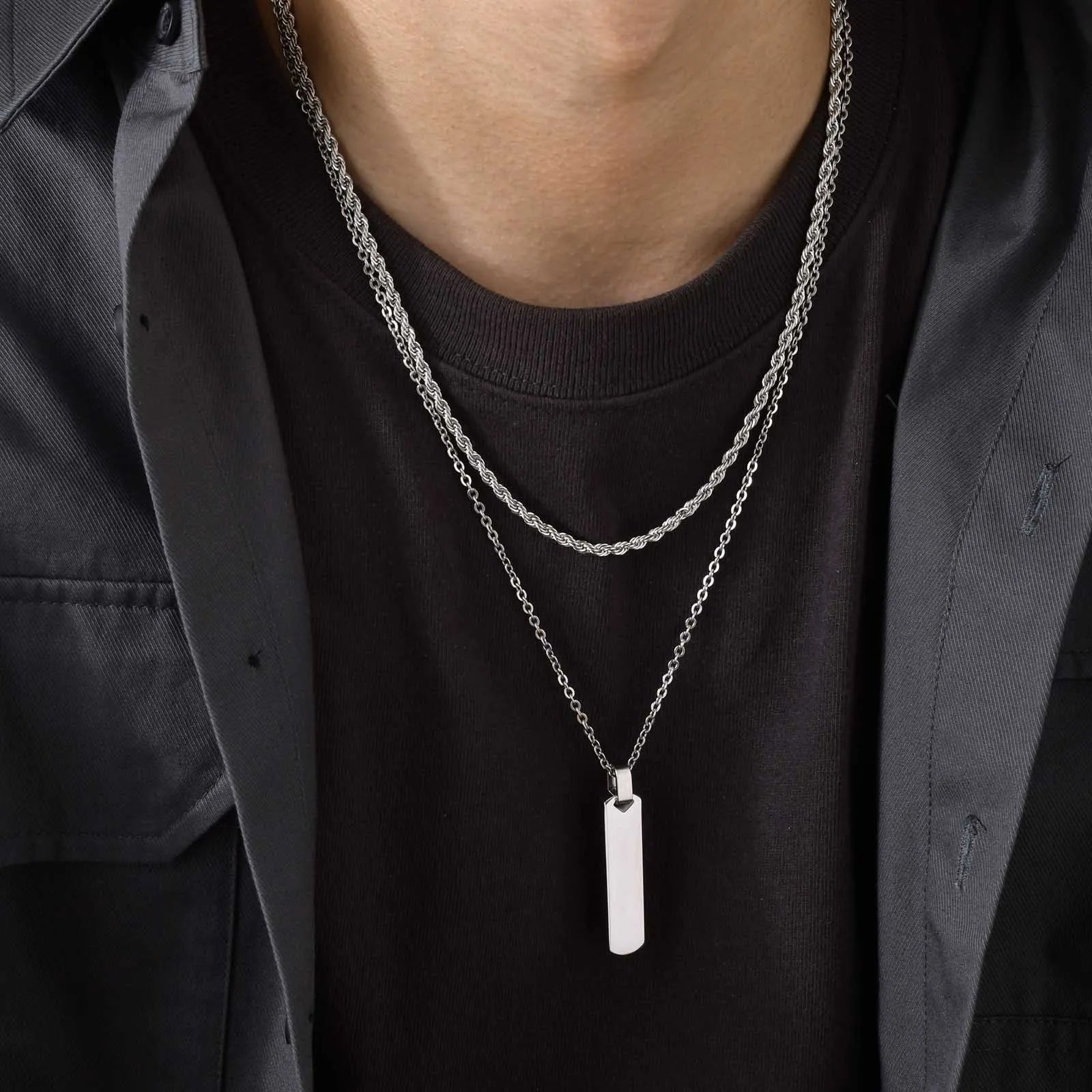 Men’s Necklace Set with Vertical Bar Pendant and Dual Stainless Steel Chains