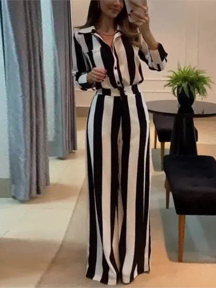 Elegant Striped Two-Piece Set – Pocket Shirt + Wide-Leg Pants