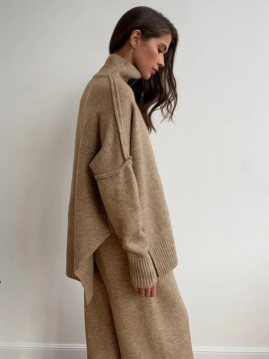 Women's Autumn and Winter New Fashion Relaxed Leisure Lazy Thick Knit Two-piece Set High Collar Slit Sweater + Long Pants Suit