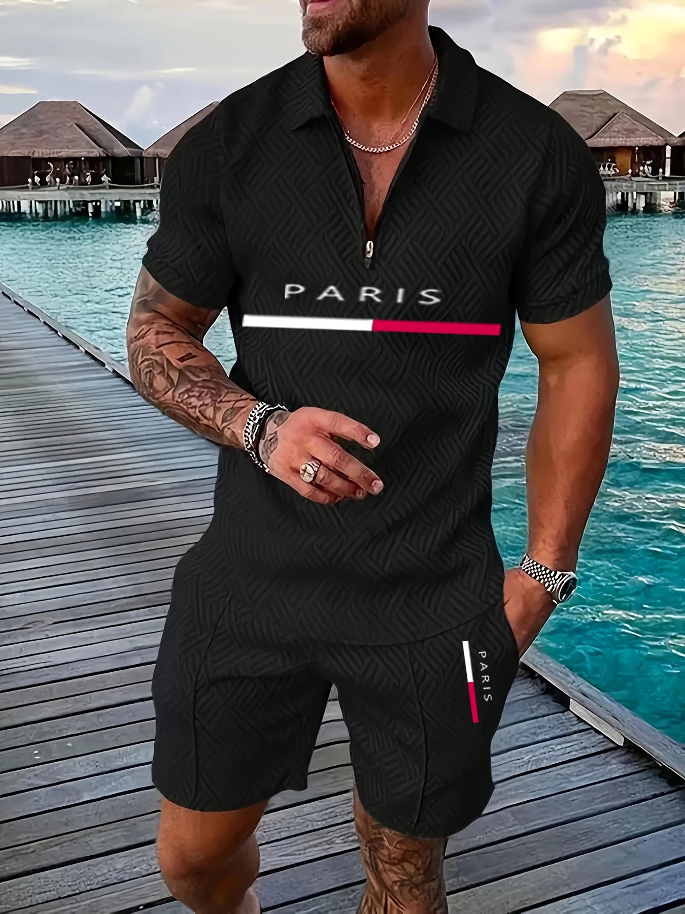 Luxury Men’s Casual Set with Short Sleeve Zip-Up Shirt