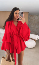Vestido elegante para mulher com pregas, castanho, decote em V profundo, mangas compridas, modelo curto, moda feminina primavera/verão 2025, largo e elegante.