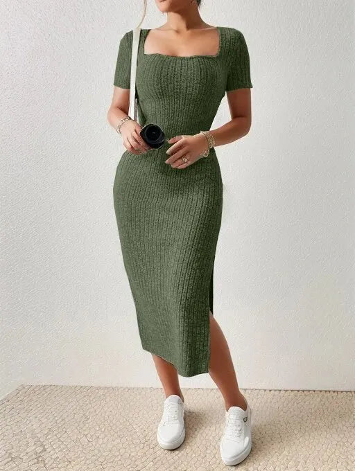Ribbed Square Neck Midi Dress with Slit – Summer 2025