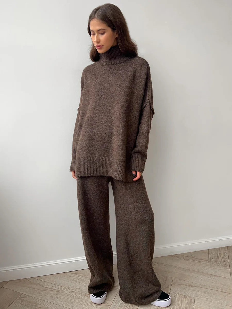 Women's Autumn and Winter New Fashion Relaxed Leisure Lazy Thick Knit Two-piece Set High Collar Slit Sweater + Long Pants Suit