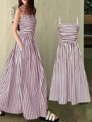 2026 Casual Spaghetti Strap Dresses For Ladies A-line Dress Vestido For Woman Temperament Striped Slim Pleated Off Shoulder Chic