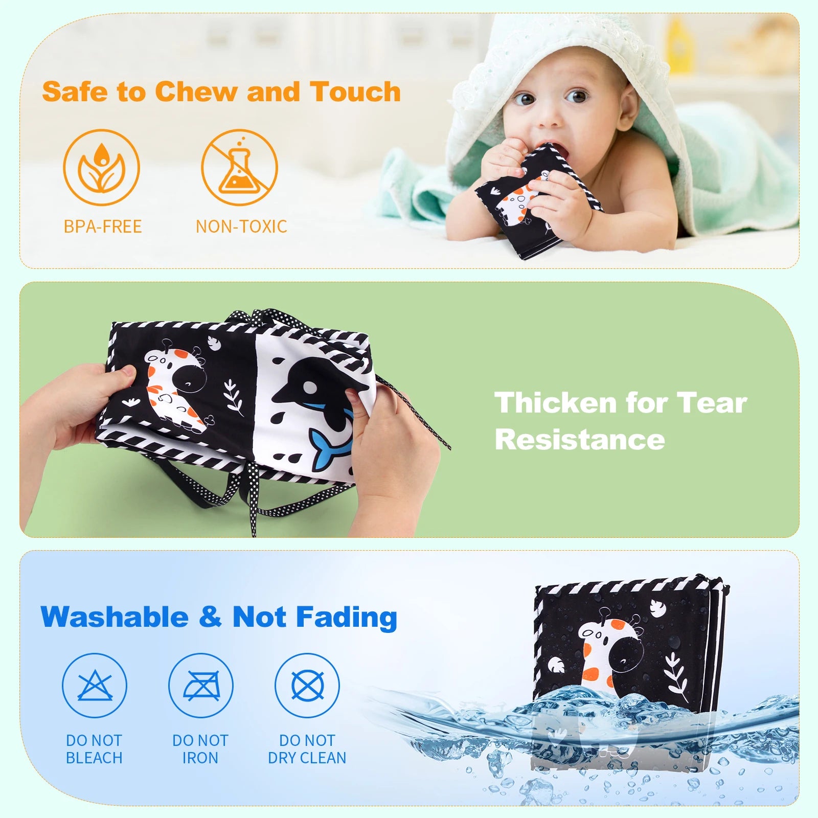 High-Contrast Cloth Book – Black & White Sensory Toy for Babies (0–36 Months)
